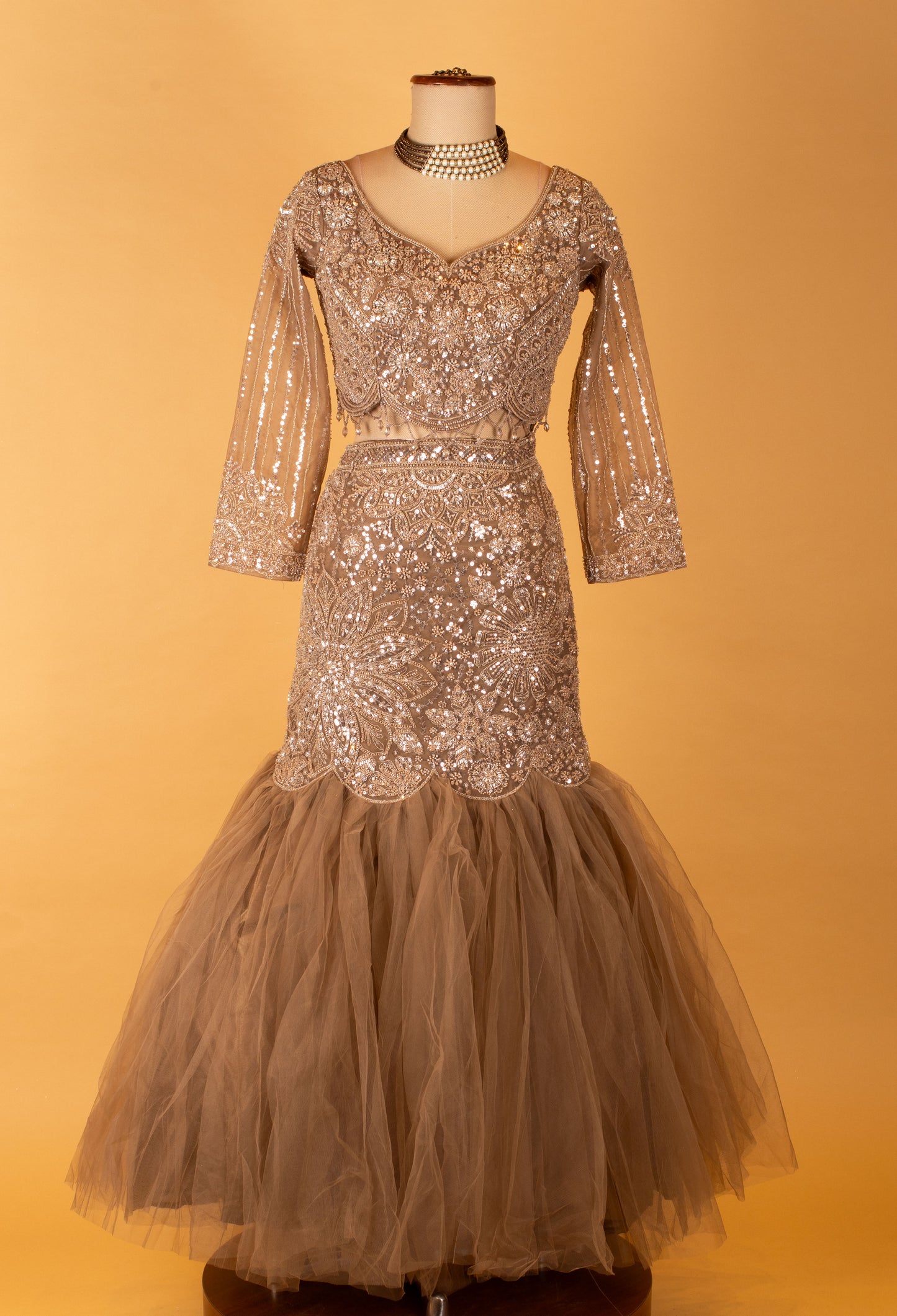 Champagne Grey Sequin Crop Top & Fishtail Lehenga Set – Bridal & Reception Wear