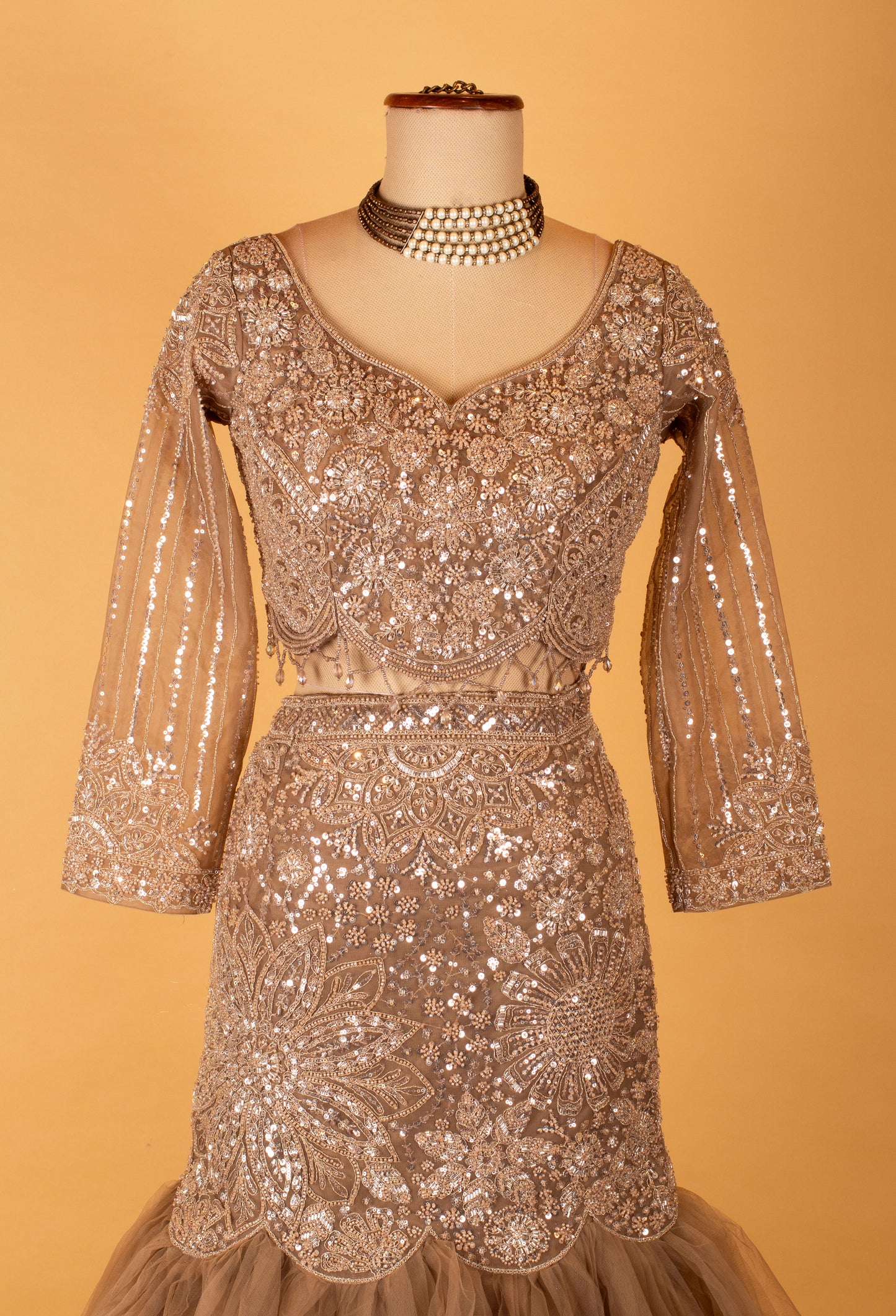 Champagne Grey Sequin Crop Top & Fishtail Lehenga Set – Bridal & Reception Wear