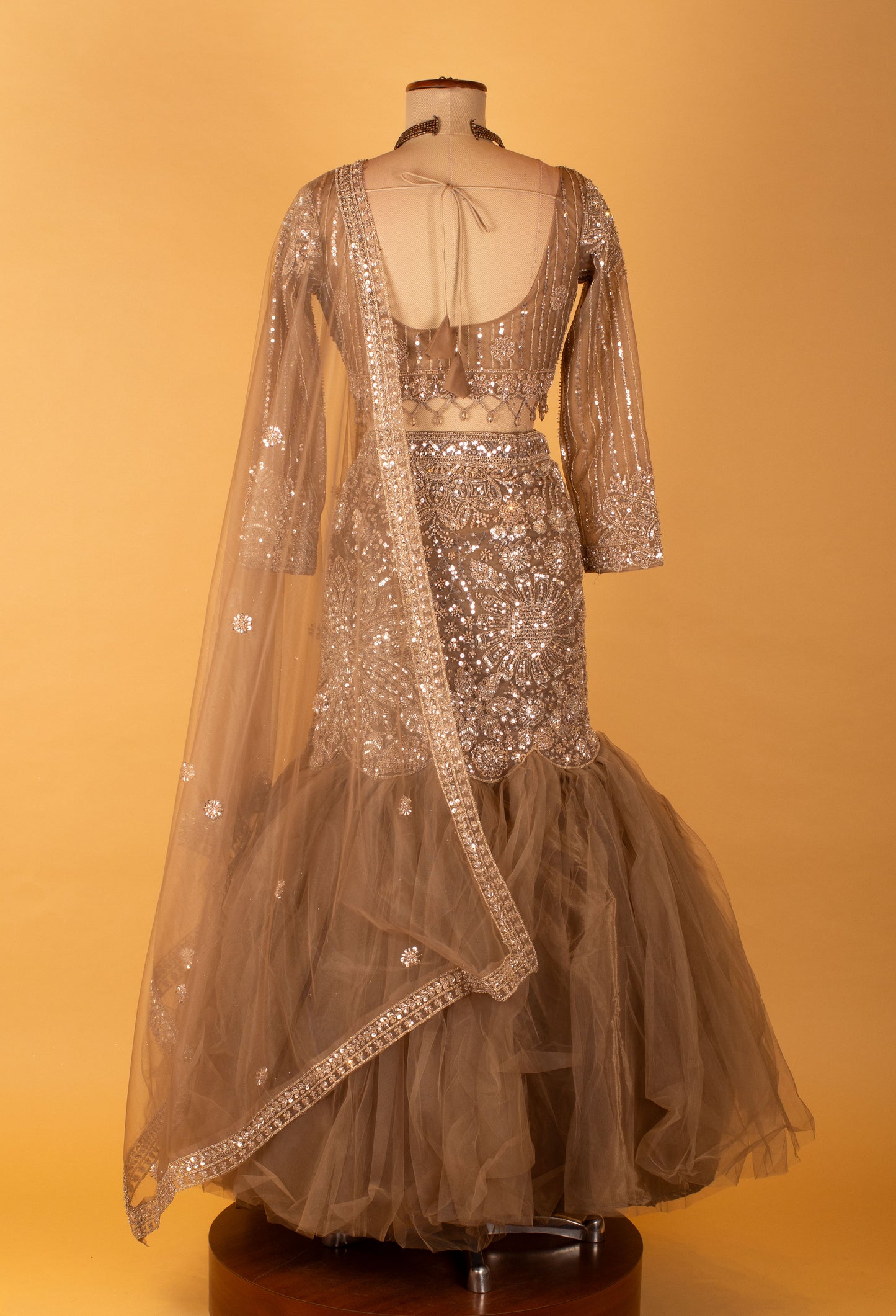 Champagne Grey Sequin Crop Top & Fishtail Lehenga Set – Bridal & Reception Wear