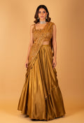 Metallic Gold Draped Lehenga with Embellished Crop Top – Designer Cocktail & Reception Wear