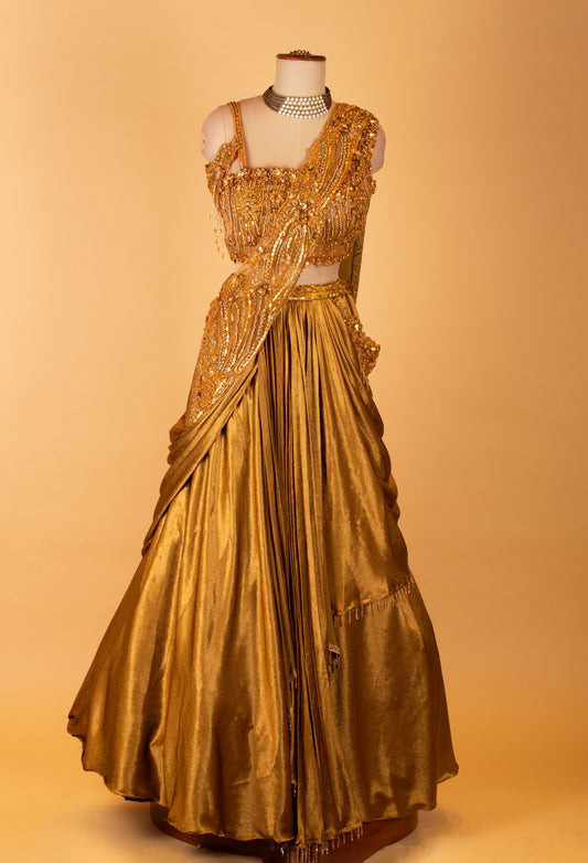 Metallic gold draped lehenga with embellished crop top – product image 2