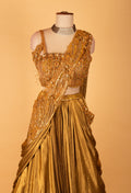 Metallic Gold Draped Lehenga with Embellished Crop Top – Designer Cocktail & Reception Wear