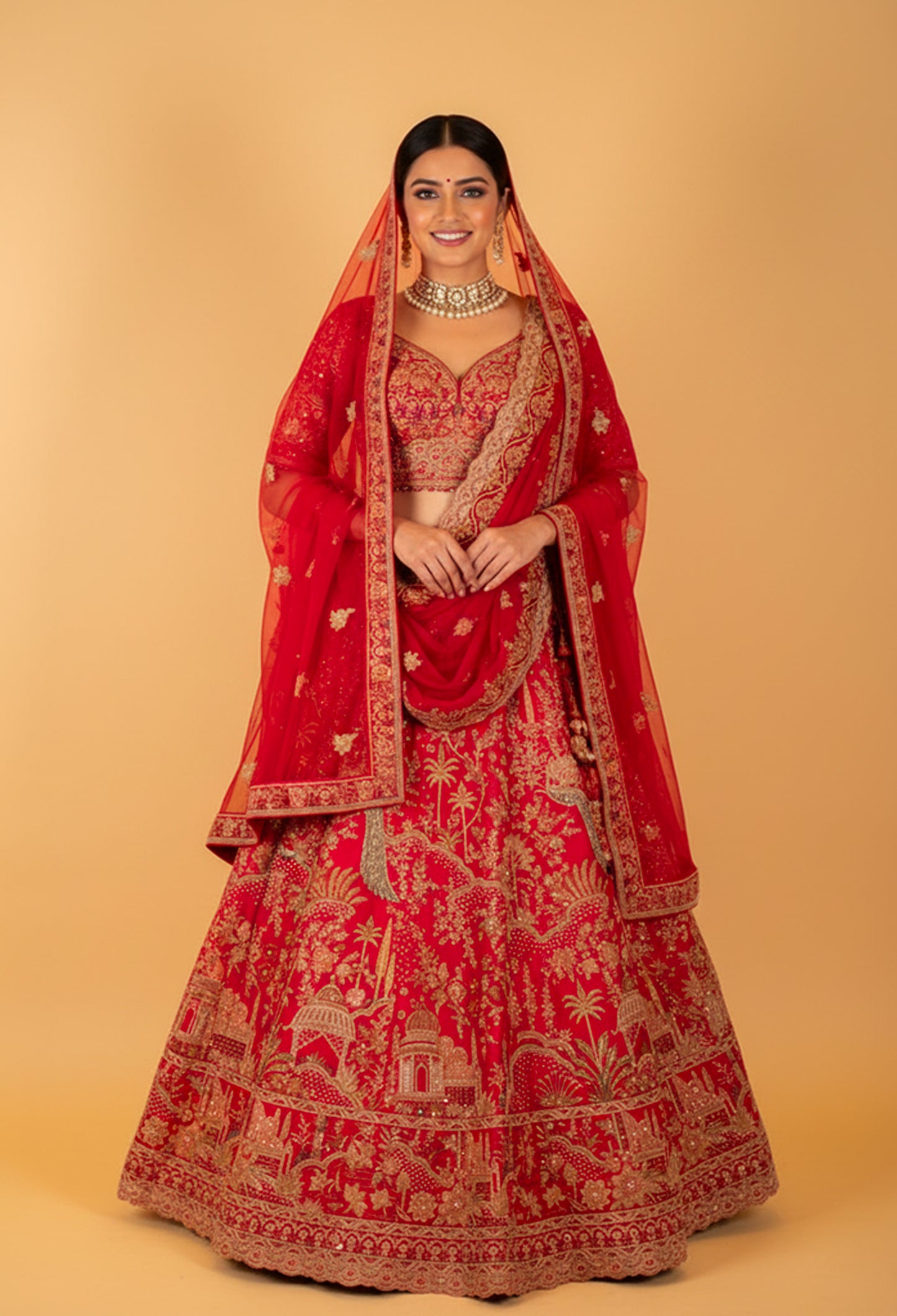 Red Heavy Embroidered Bridal Lehenga Set with Dupatta – Traditional Wedding Wear for Brides