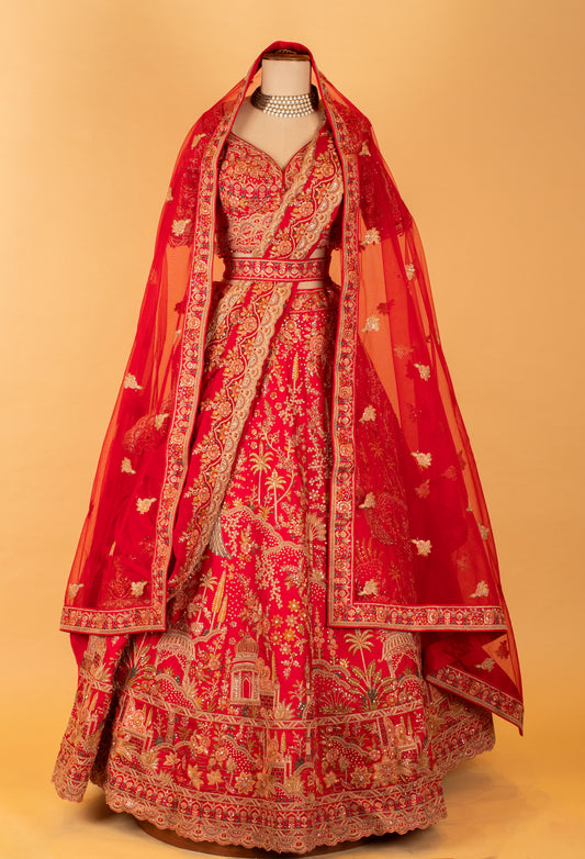 Red heavy embroidered bridal lehenga with sweetheart blouse and dupatta – product image 2