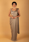 Champagne Gold Pre-Stitched Saree with Sequined Crop Top – Designer Cocktail & Reception Wear