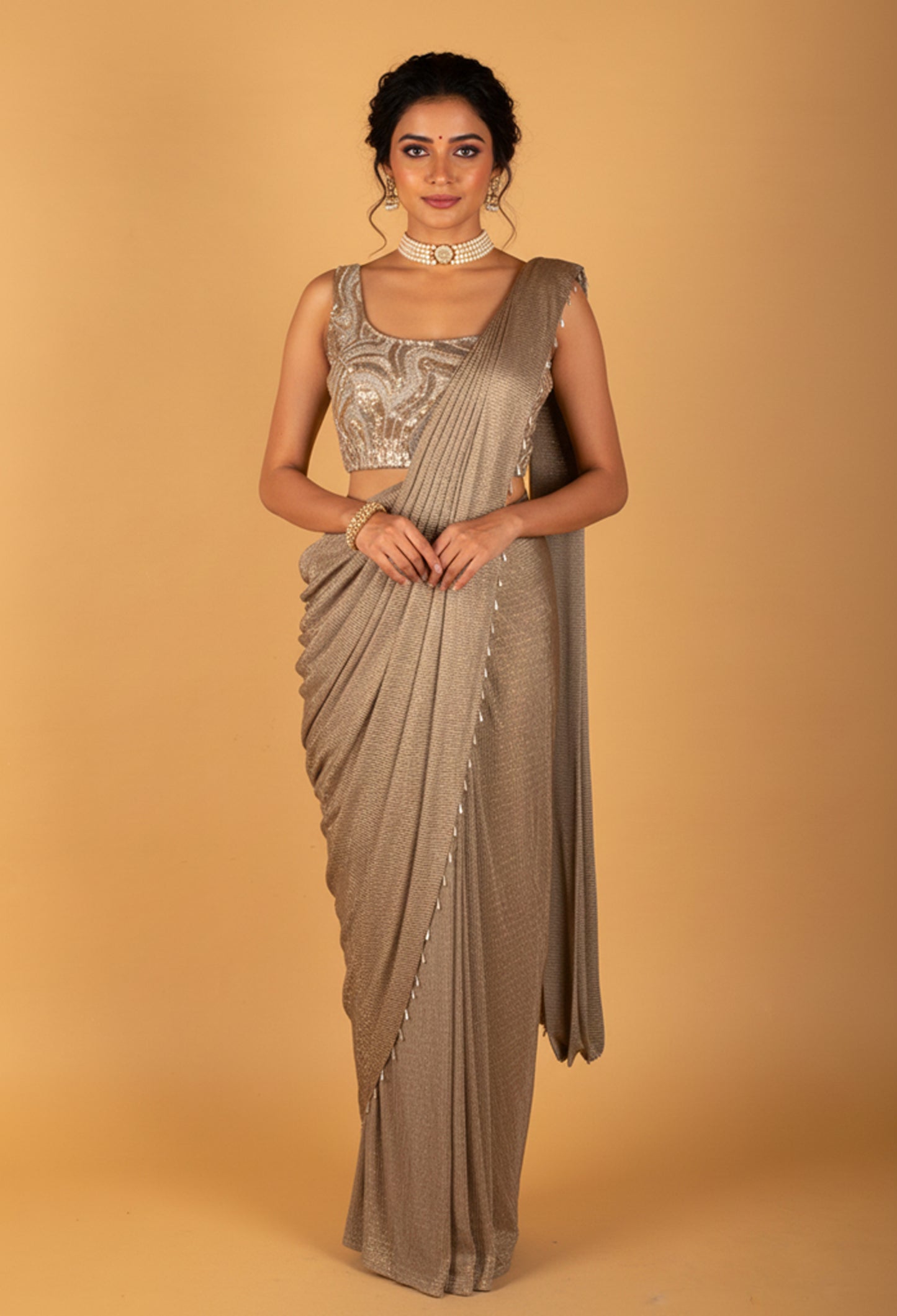 Champagne Gold Pre-Stitched Saree with Sequined Crop Top – Designer Cocktail & Reception Wear