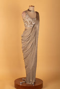 Champagne Gold Pre-Stitched Saree with Sequined Crop Top – Designer Cocktail & Reception Wear