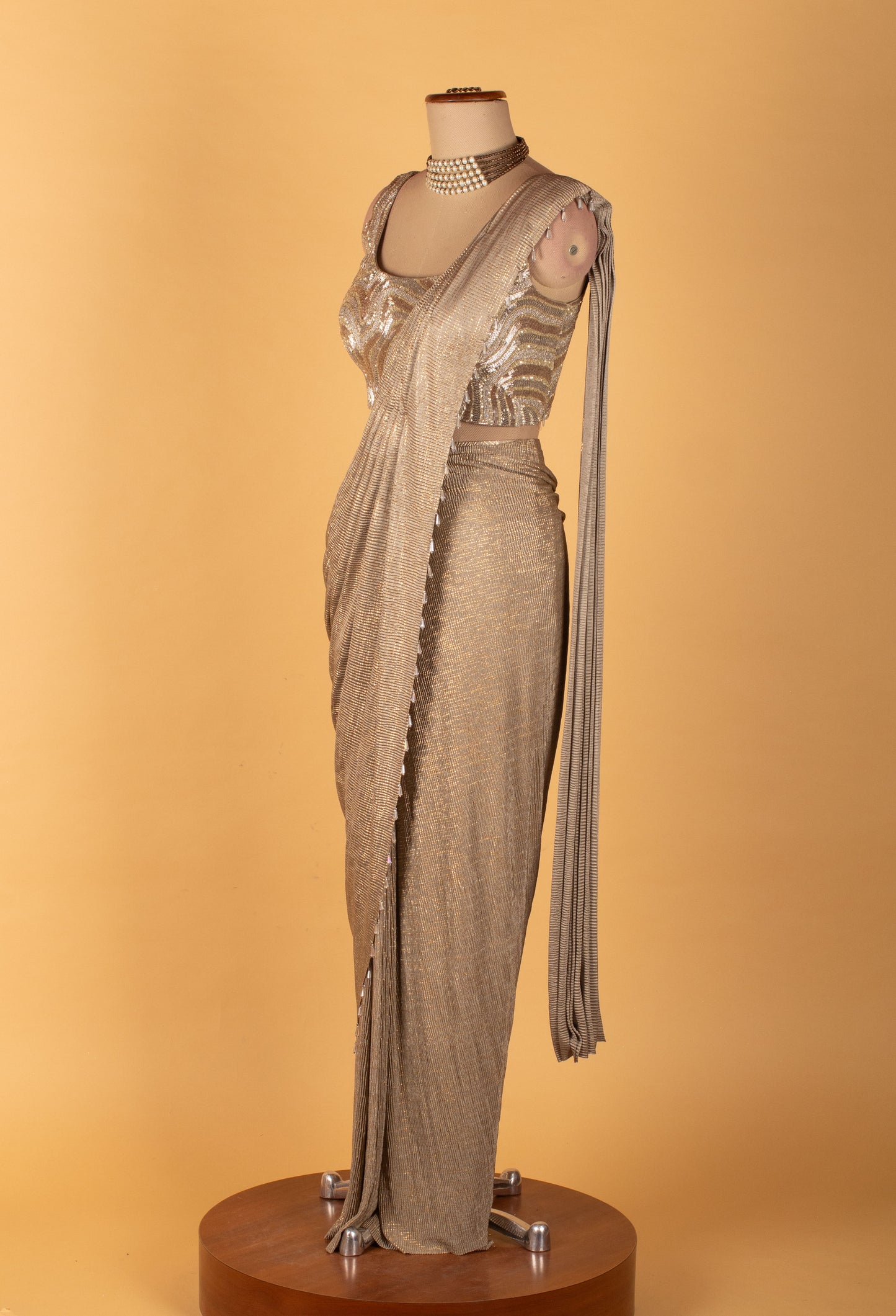 Champagne Gold Pre-Stitched Saree with Sequined Crop Top – Designer Cocktail & Reception Wear