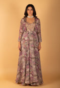 Floral Printed Organza Gown with Embellished Bodice & Jacket – Elegant Festive & Party Wear