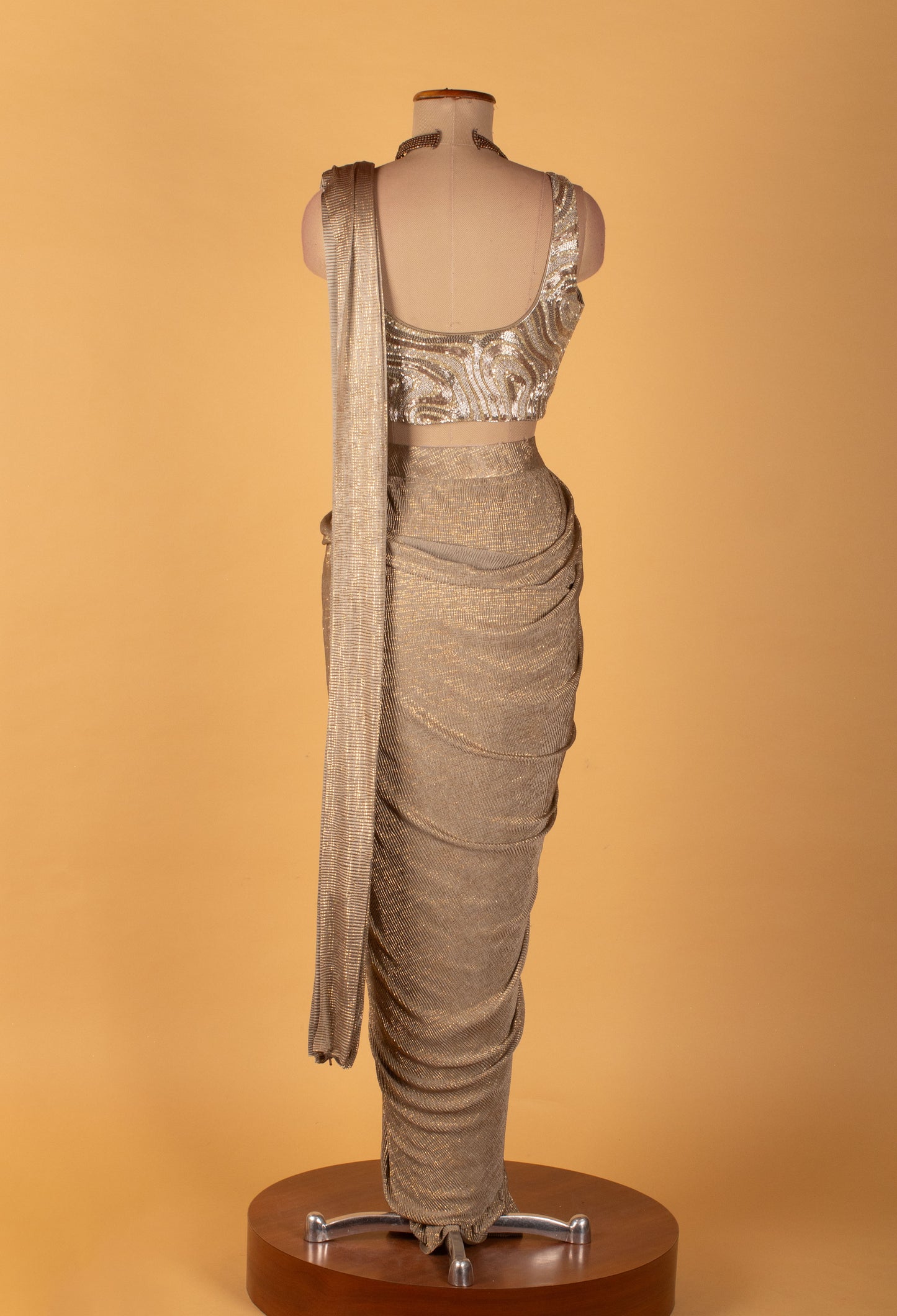 Champagne Gold Pre-Stitched Saree with Sequined Crop Top – Designer Cocktail & Reception Wear