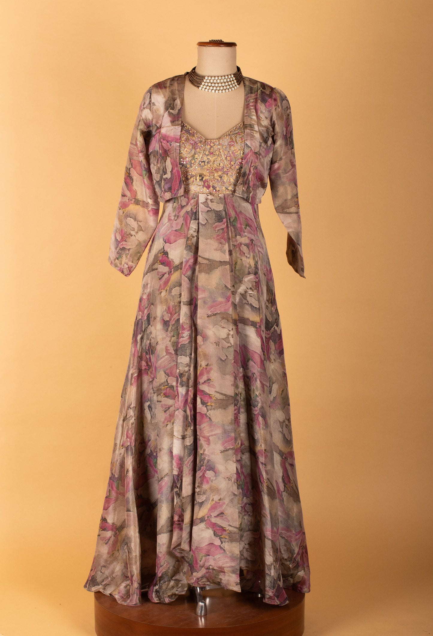 Floral Printed Organza Gown with Embellished Bodice & Jacket – Elegant Festive & Party Wear