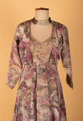 Floral Printed Organza Gown with Embellished Bodice & Jacket – Elegant Festive & Party Wear