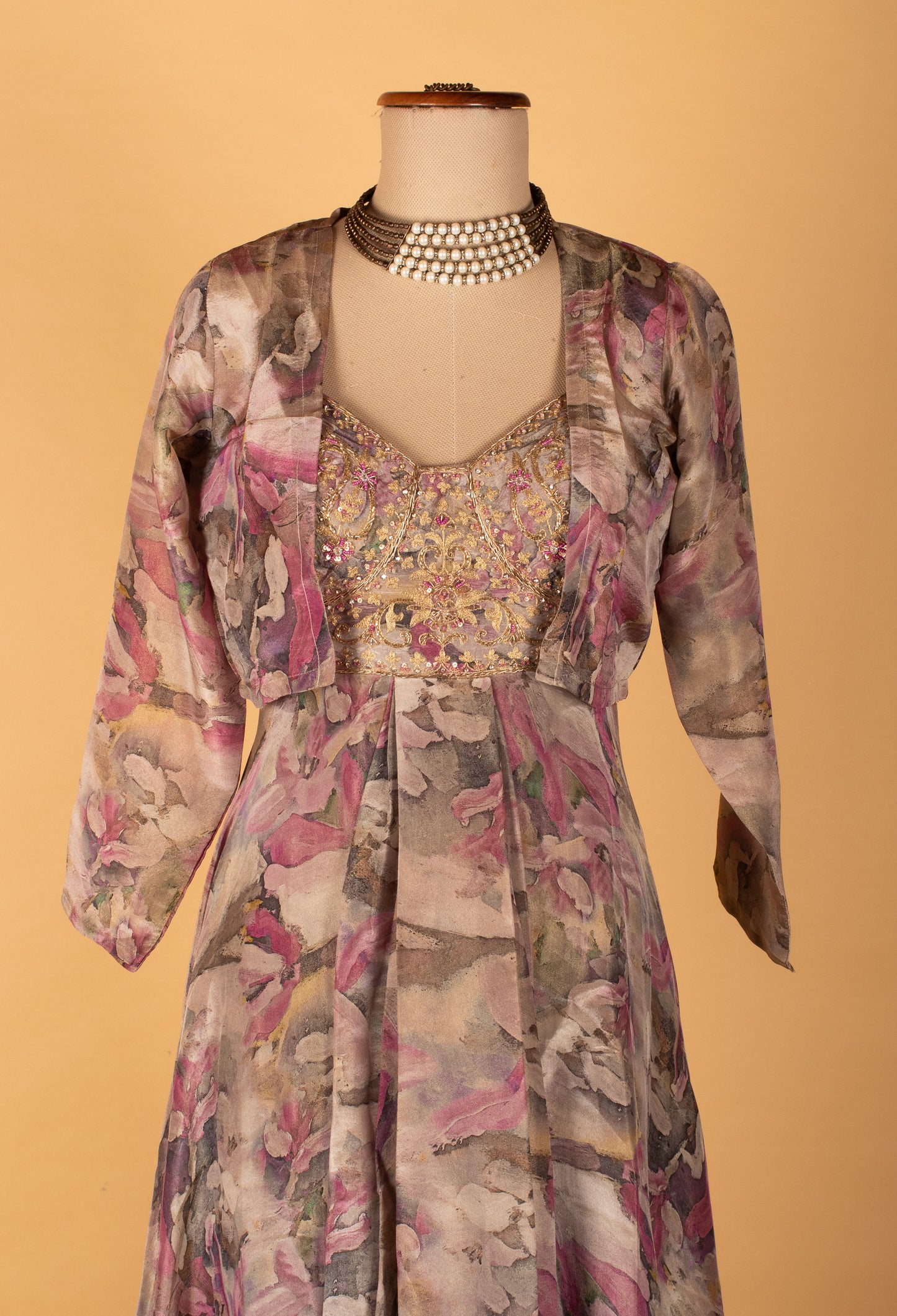 Floral Printed Organza Gown with Embellished Bodice & Jacket – Elegant Festive & Party Wear