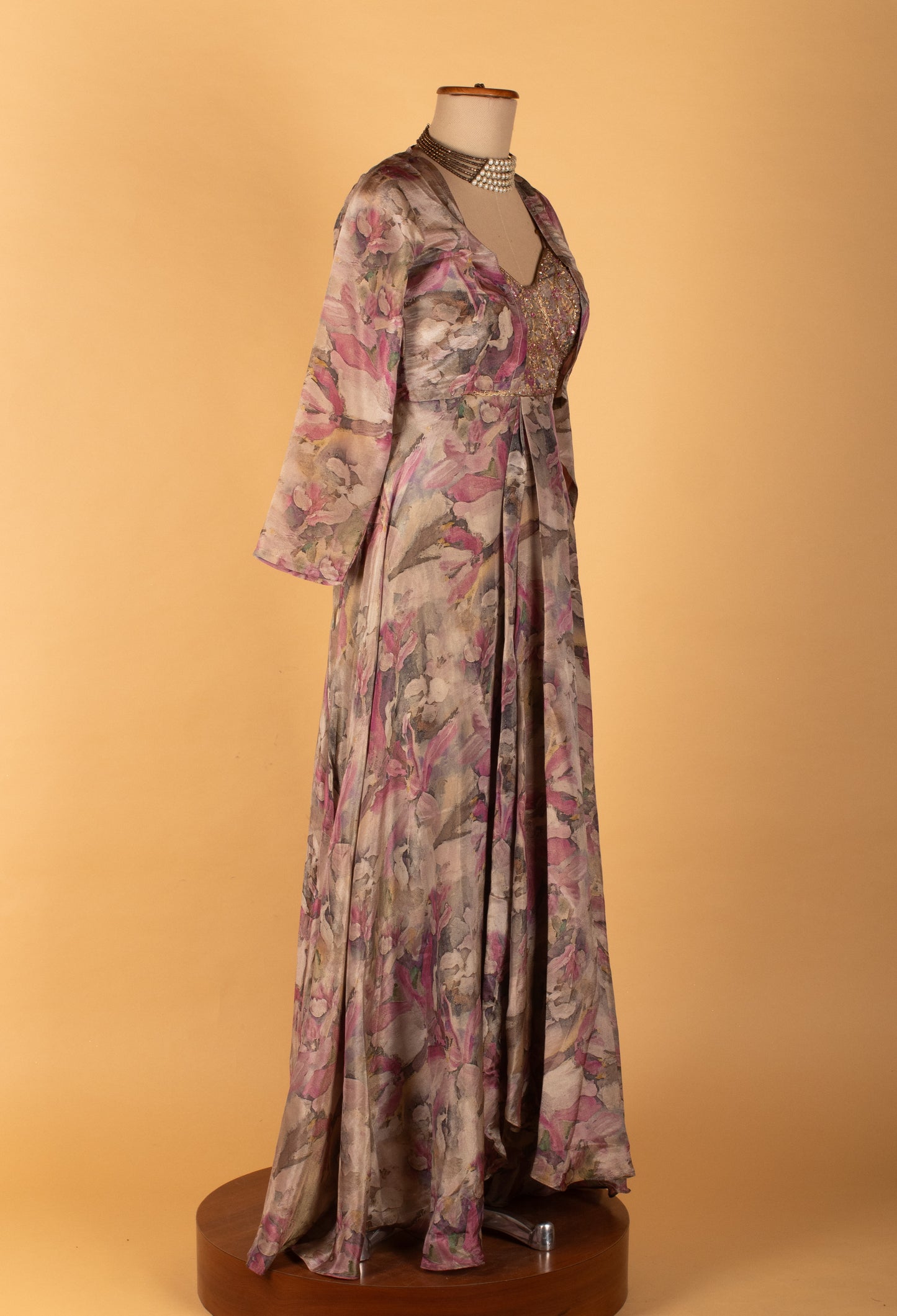 Floral Printed Organza Gown with Embellished Bodice & Jacket – Elegant Festive & Party Wear