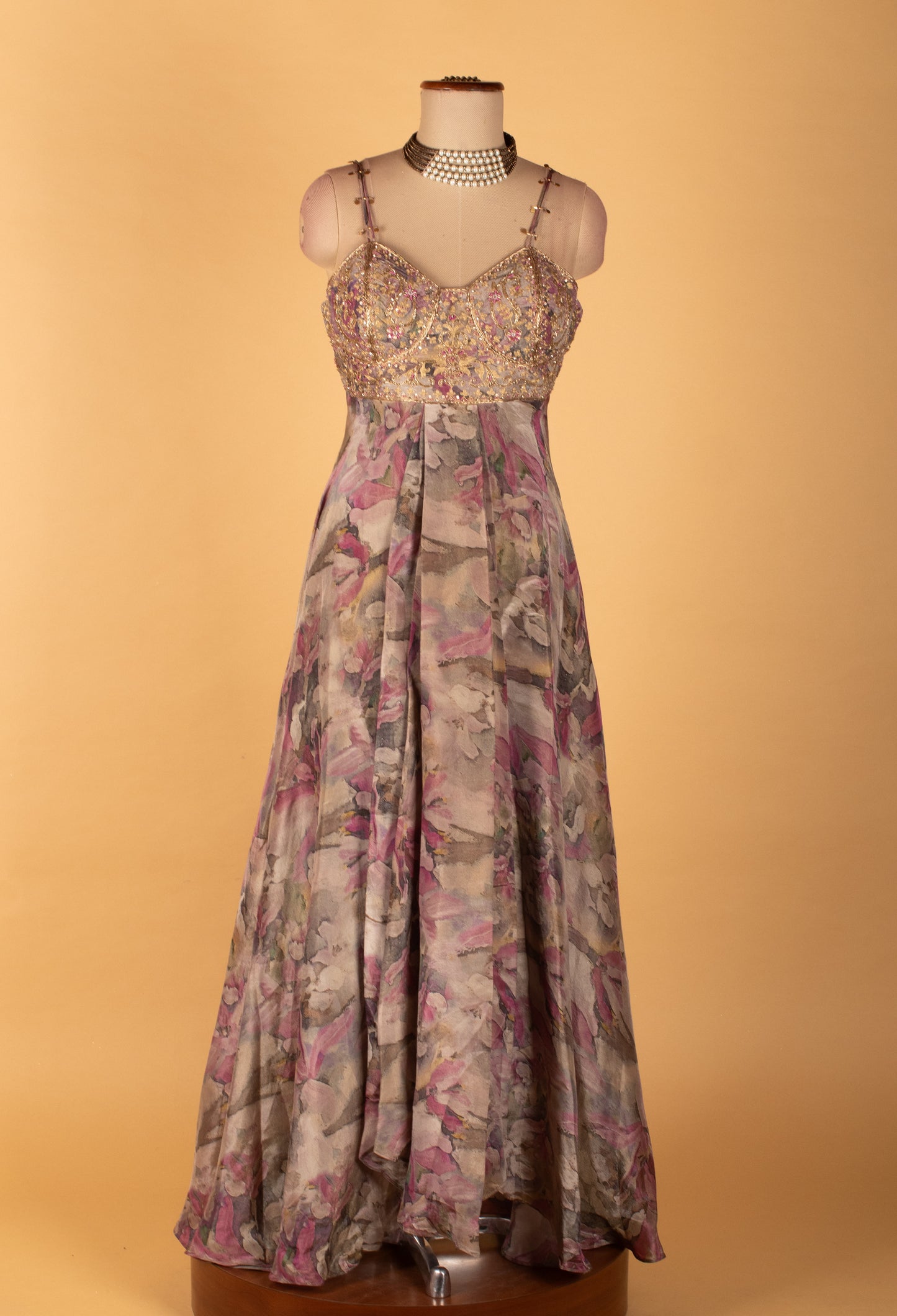 Floral Printed Organza Gown with Embellished Bodice & Jacket – Elegant Festive & Party Wear