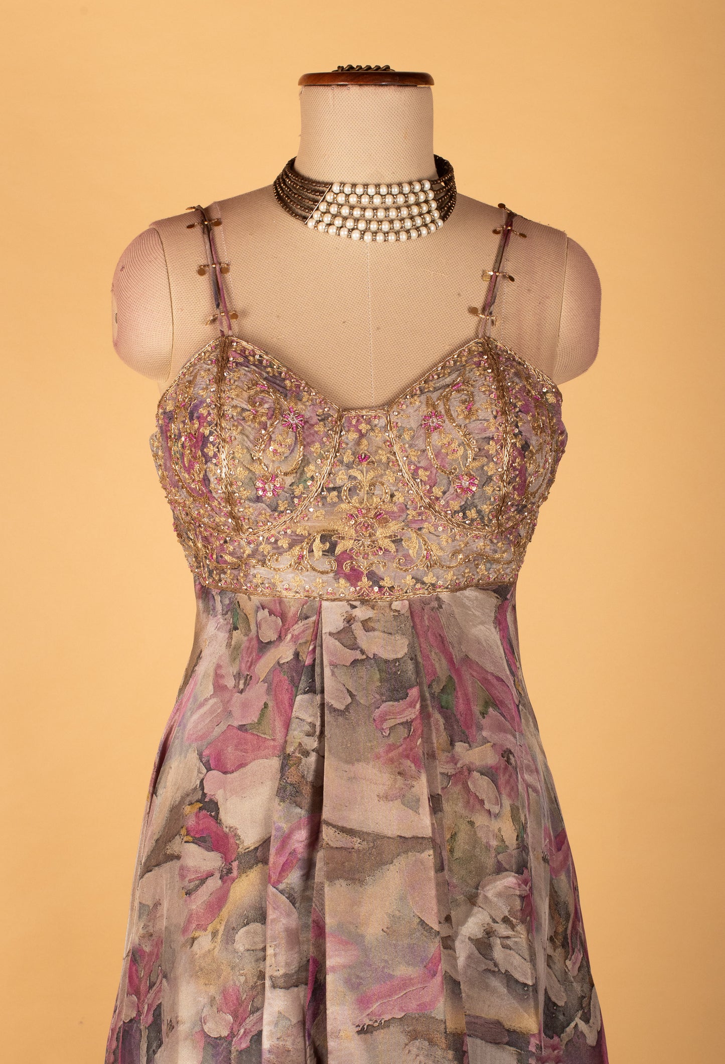 Floral Printed Organza Gown with Embellished Bodice & Jacket – Elegant Festive & Party Wear