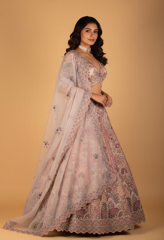 Blush Pink Pastel Embroidered Designer Bridal Lehenga Set with Sequin Net Dupatta