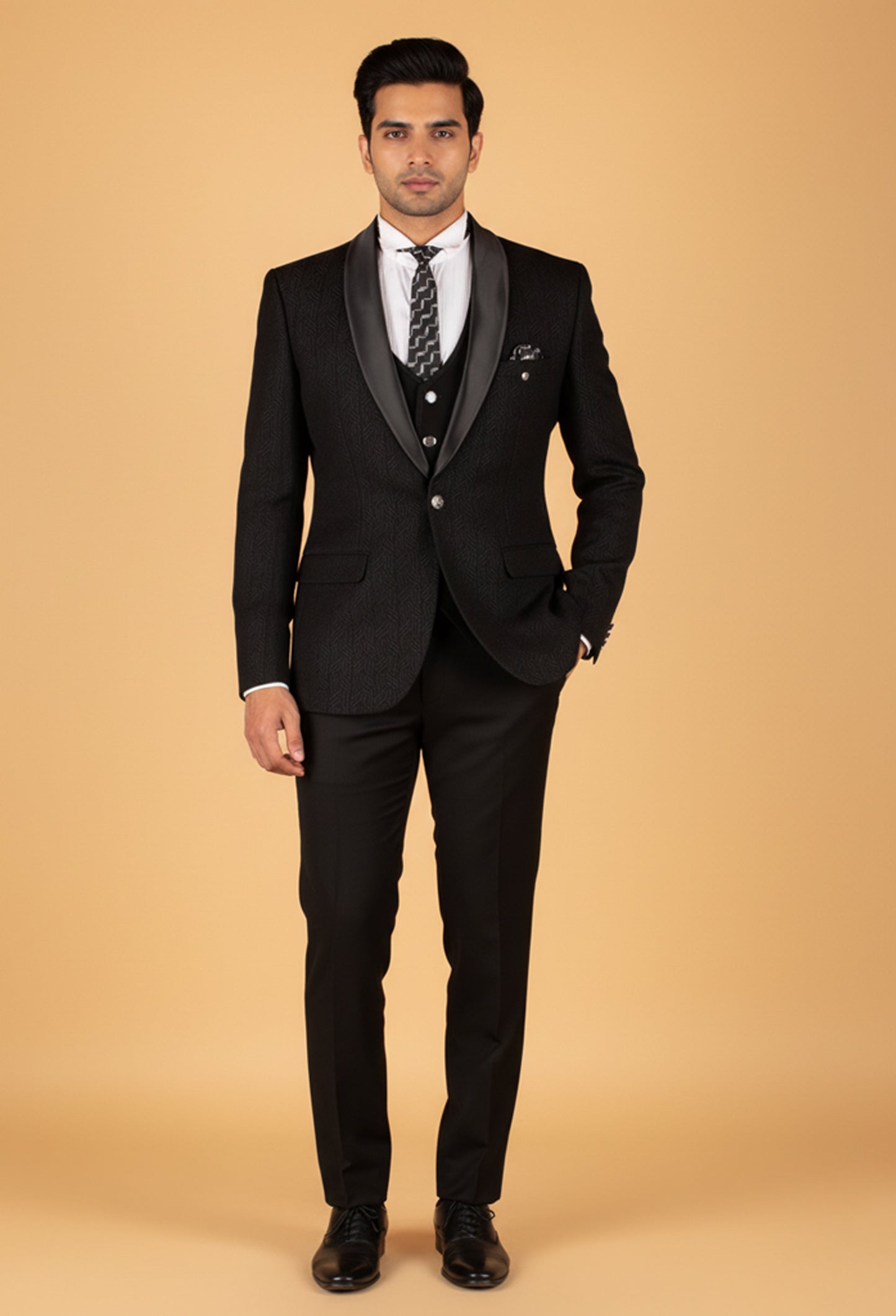 Black 3-Piece Tuxedo Suit for Men with Satin Shawl Lapel – Wedding & Reception Wear