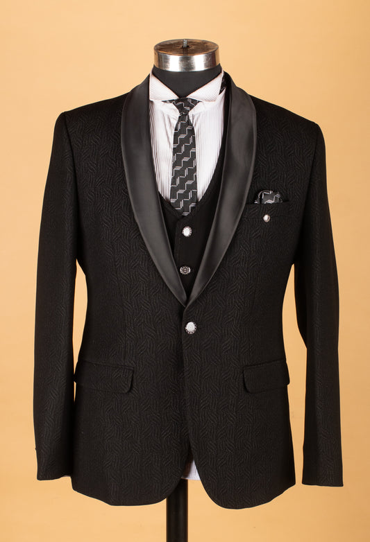 Black three-piece tuxedo suit with satin shawl lapel – product image 2