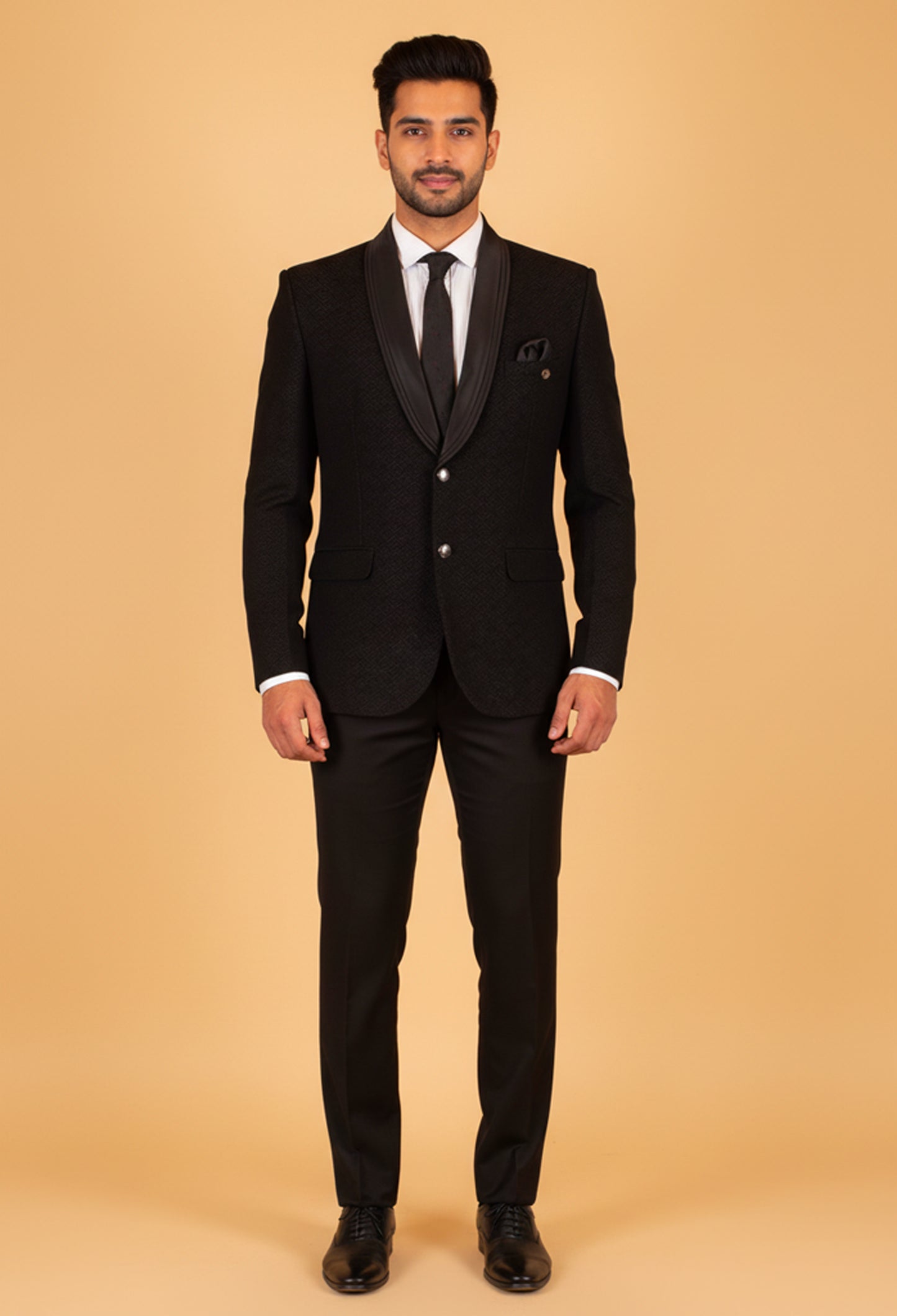 Black Textured Tuxedo Blazer with Satin Shawl Lapel – Premium Party & Formal Wear for Men