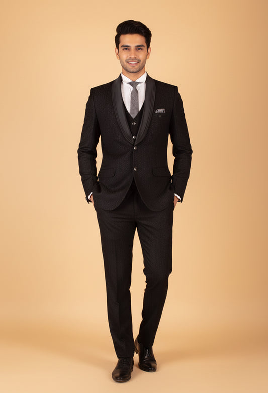 Black Textured 3-Piece Suit for Men – Premium Wedding & Reception Tuxedo Look
