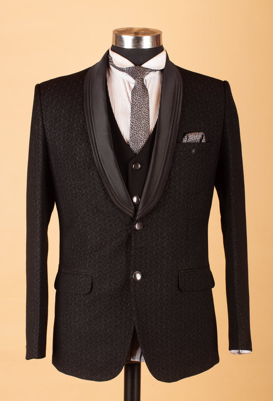 Black textured three-piece tuxedo suit with satin shawl lapel – product image 2