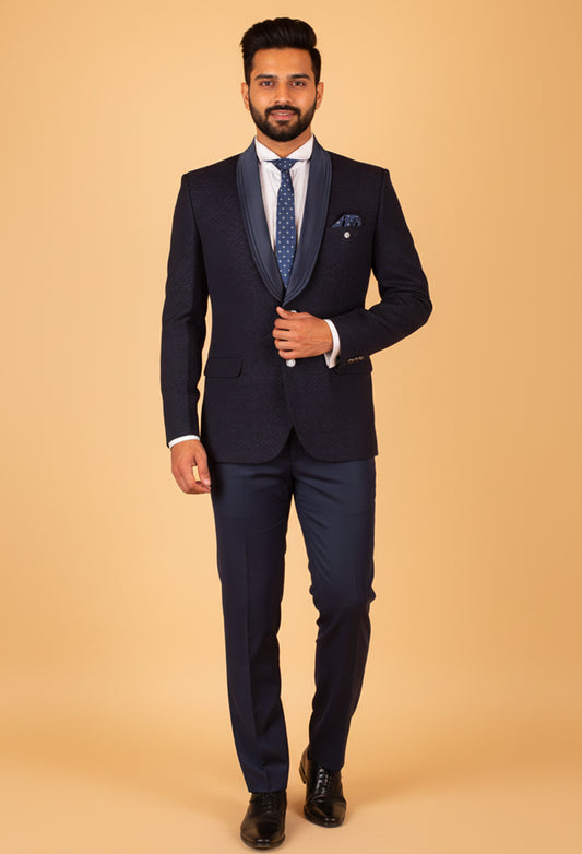 Navy Blue Textured Tuxedo Blazer with Satin Shawl Lapel – Luxury Formal Wear for Men