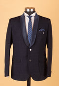Navy Blue Textured Tuxedo Blazer with Satin Shawl Lapel – Luxury Formal Wear for Men