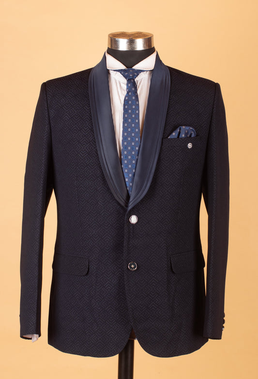 Navy blue textured tuxedo blazer with satin shawl lapel – product image 2