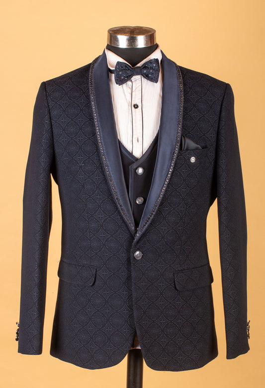 Navy blue 3-piece tuxedo suit for men with designer shawl lapel – product image 2