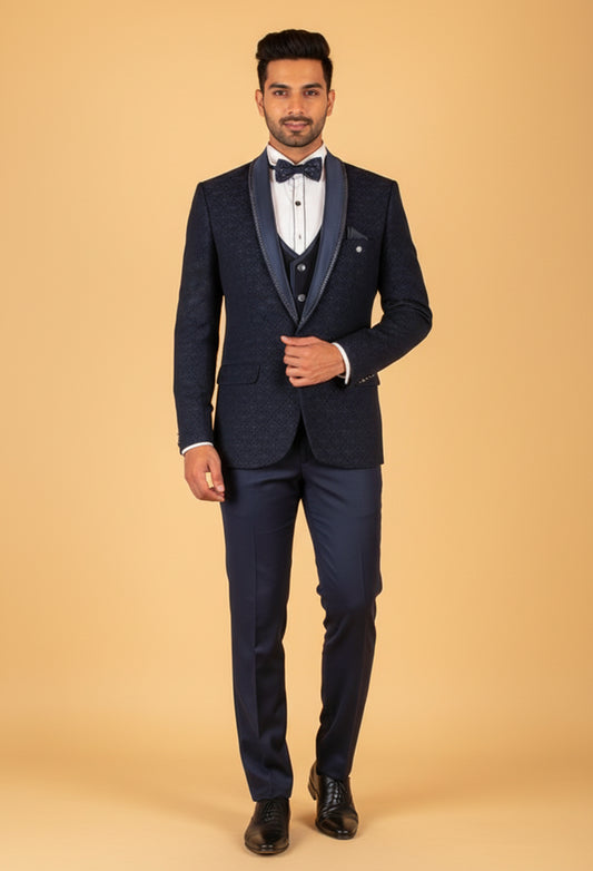 Navy Blue 3-Piece Tuxedo Suit for Men with Designer Shawl Lapel – Groom & Reception Wear