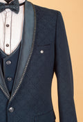 Navy Blue Designer 3-Piece Tuxedo Suit with Embellished Shawl Lapel