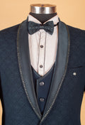 Navy Blue Designer 3-Piece Tuxedo Suit with Embellished Shawl Lapel