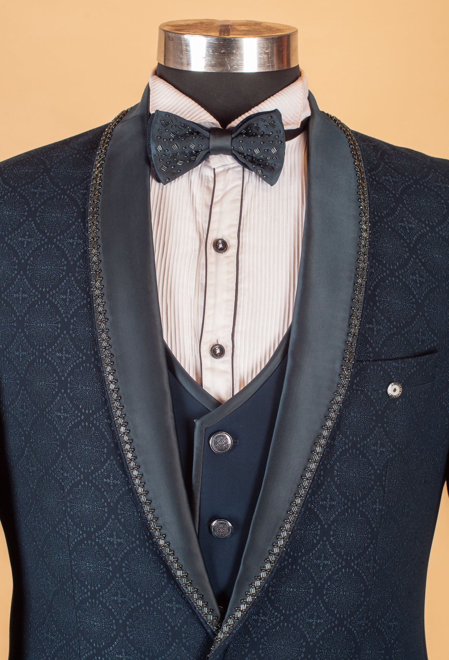 Navy Blue Designer 3-Piece Tuxedo Suit with Embellished Shawl Lapel
