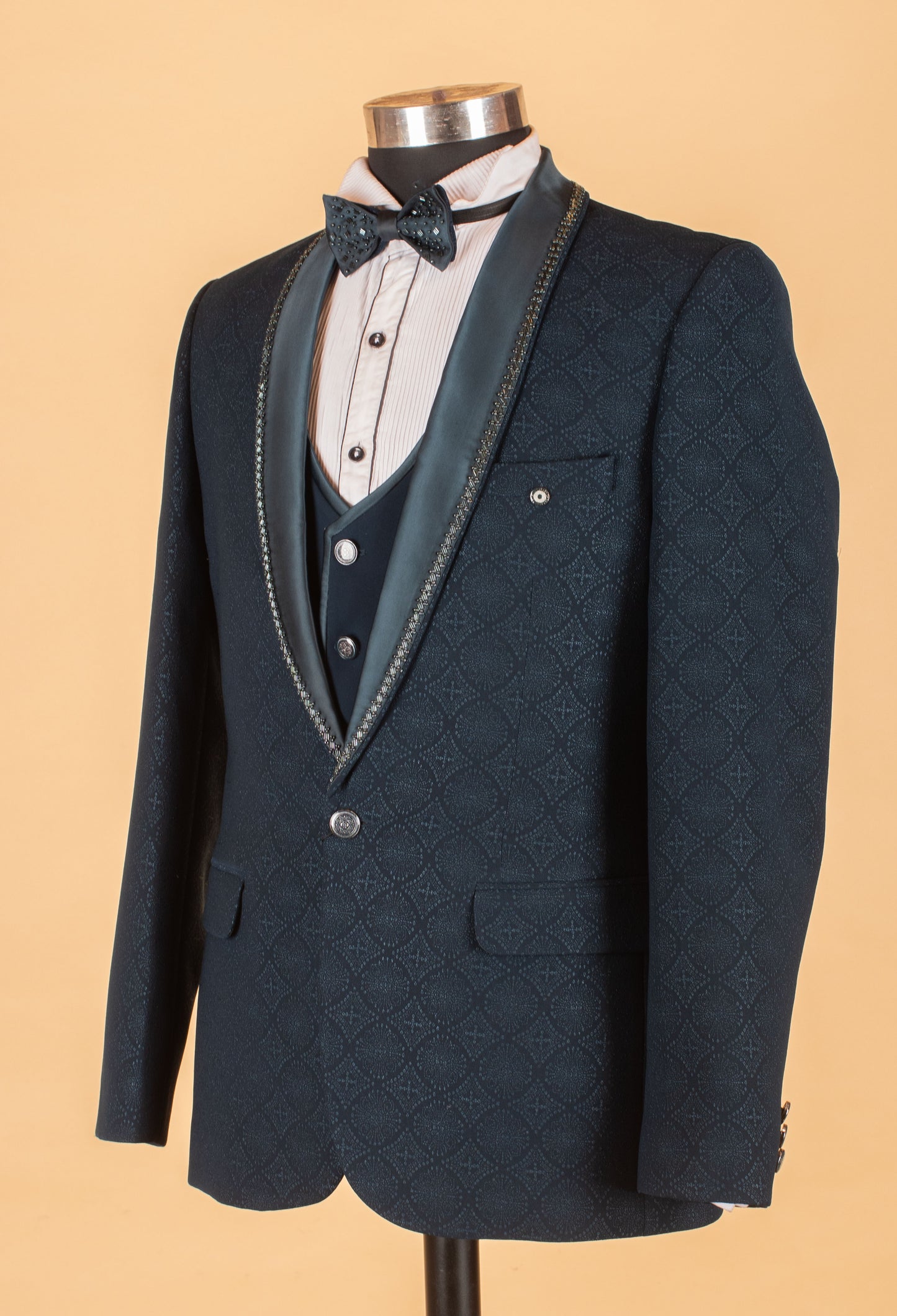 Navy Blue Designer 3-Piece Tuxedo Suit with Embellished Shawl Lapel