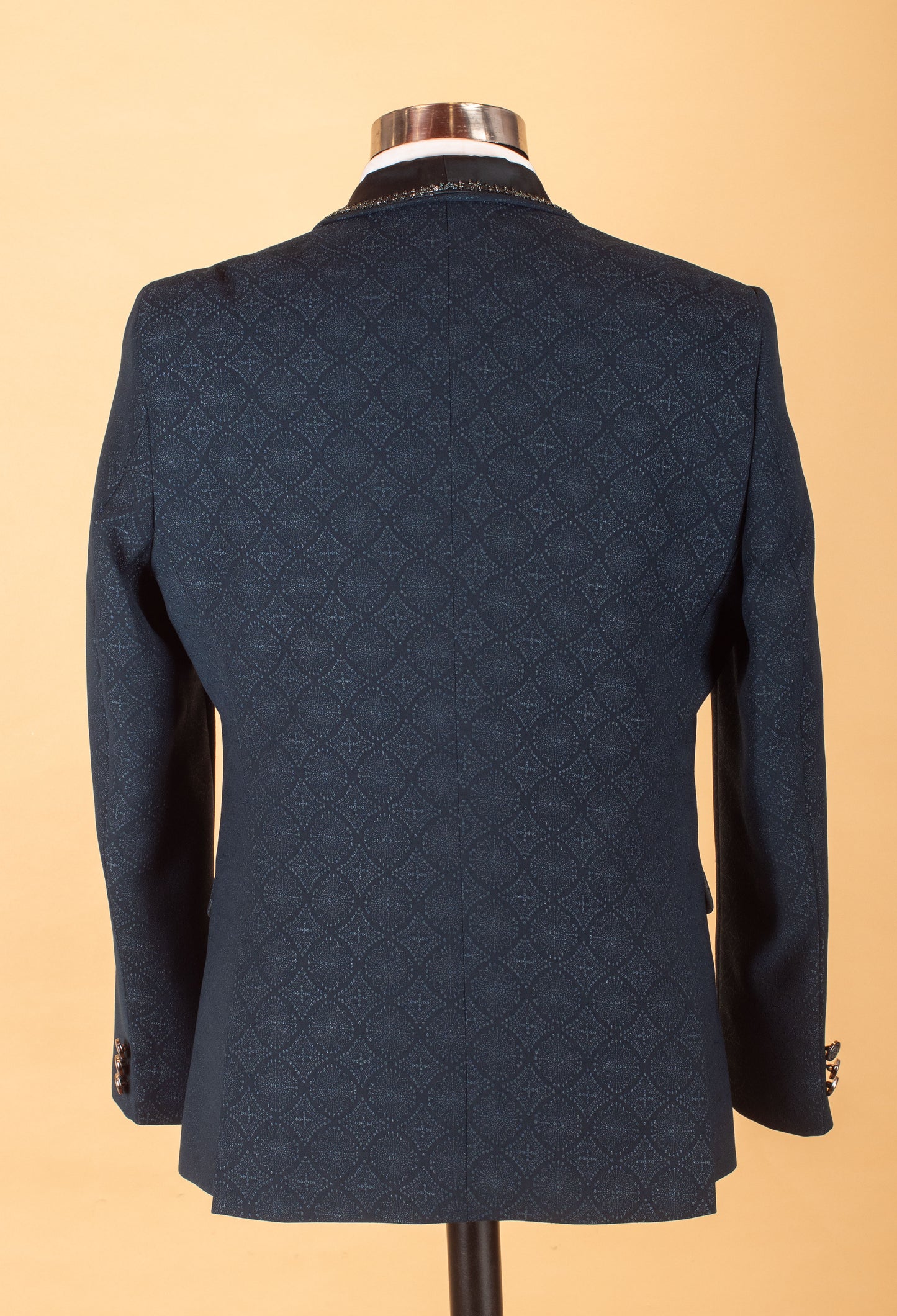 Navy Blue Designer 3-Piece Tuxedo Suit with Embellished Shawl Lapel