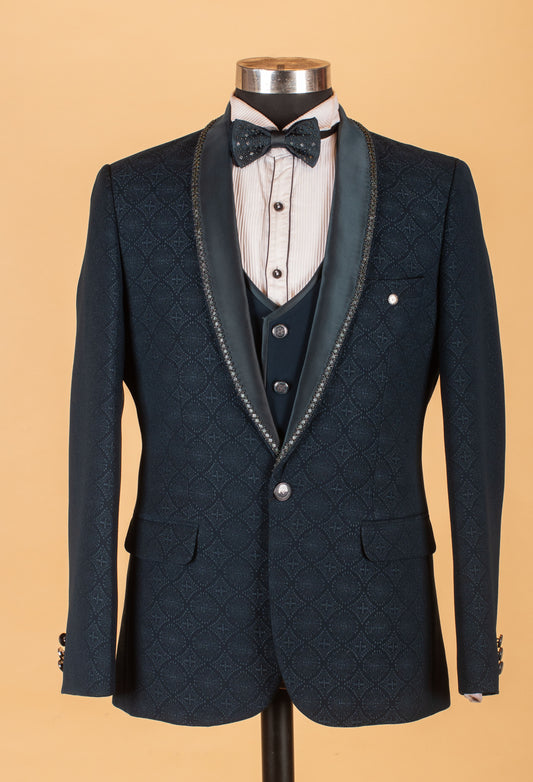 Navy blue three-piece tuxedo suit with embellished shawl lapel – product image 2