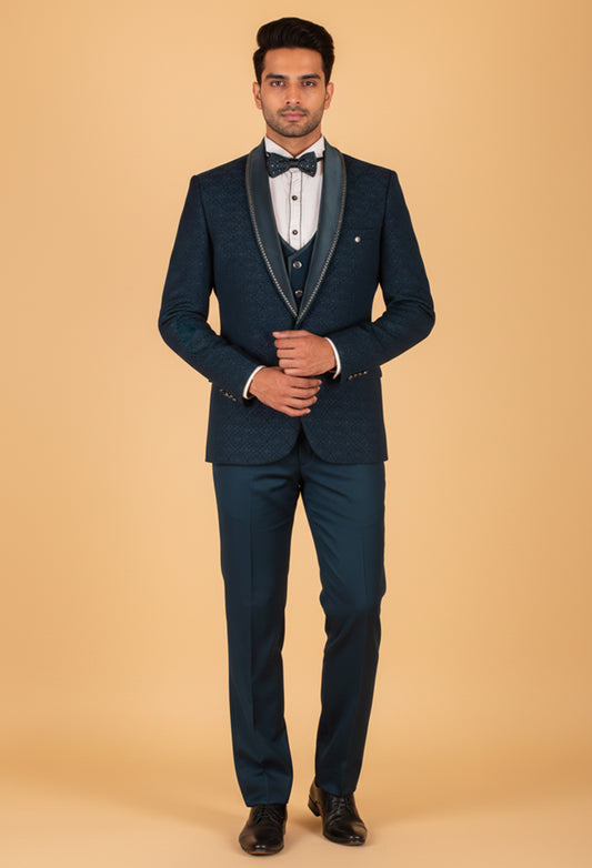 Navy Blue Designer 3-Piece Tuxedo Suit with Embellished Shawl Lapel