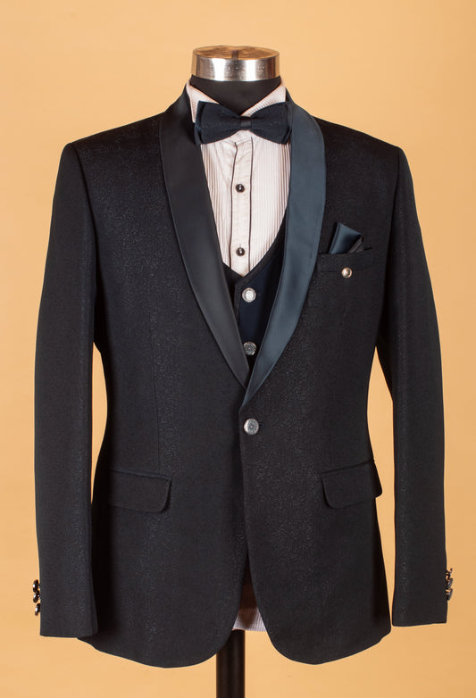 Navy blue three-piece tuxedo suit with satin shawl lapel – product image 2