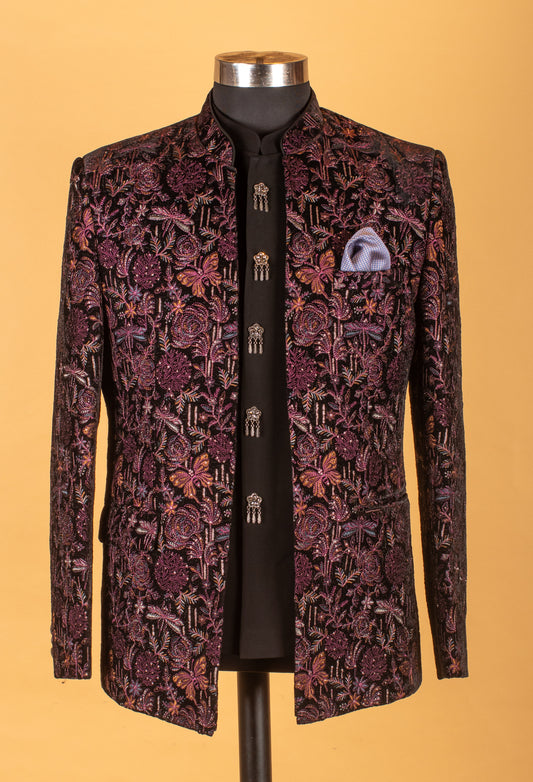 Purple and black floral embroidered Indo-Western suit for groom – product image 2