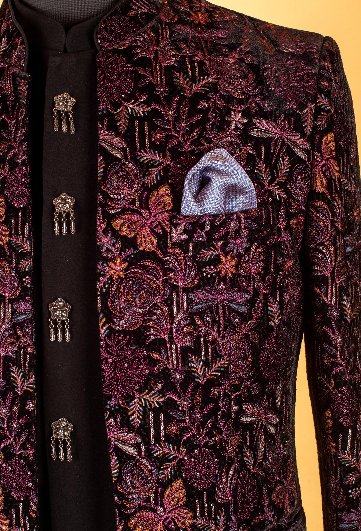 Purple & Black Floral Embroidered Indo-Western Suit for Groom – Royal Wedding Reception Wear