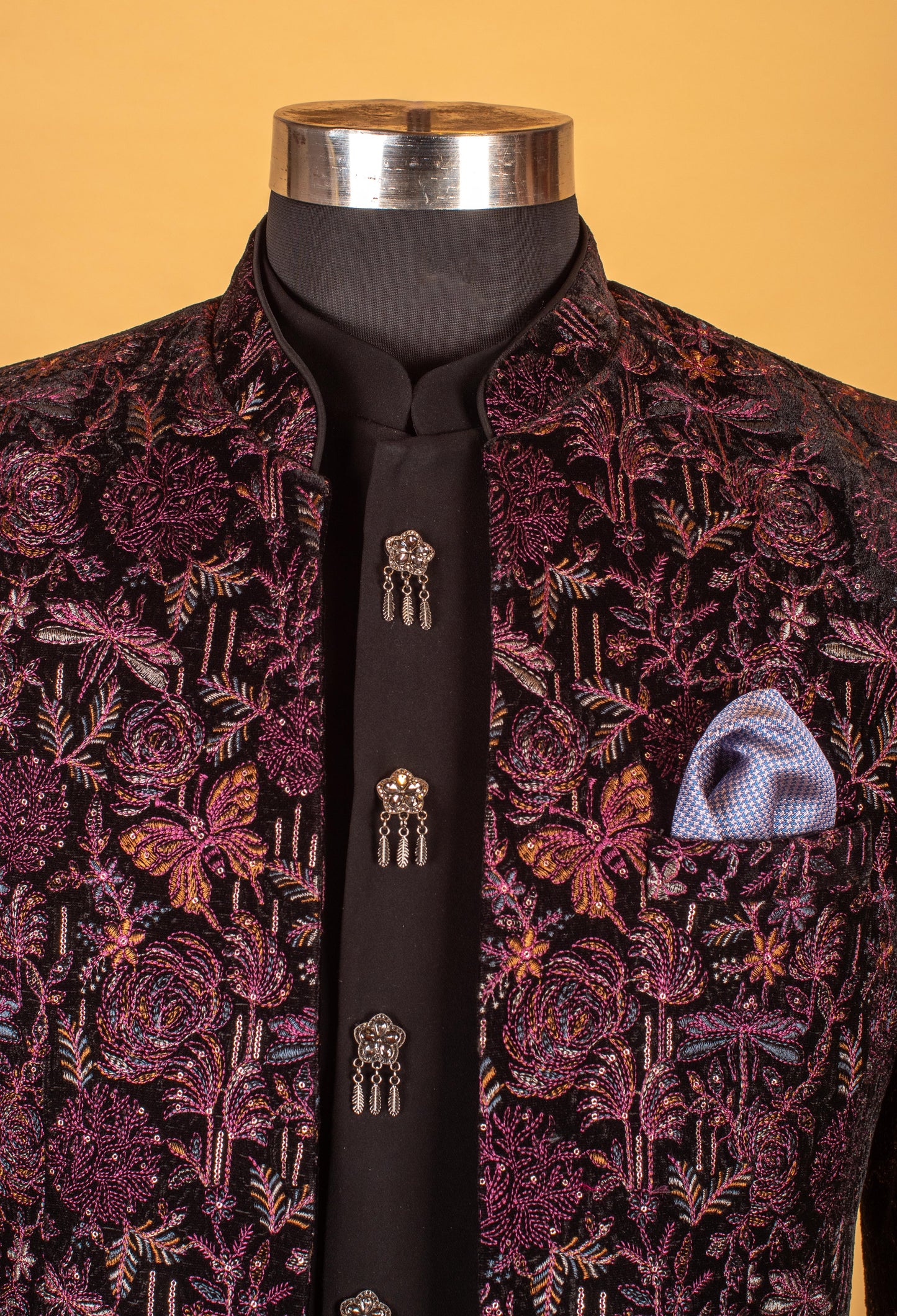 Purple & Black Floral Embroidered Indo-Western Suit for Groom – Royal Wedding Reception Wear
