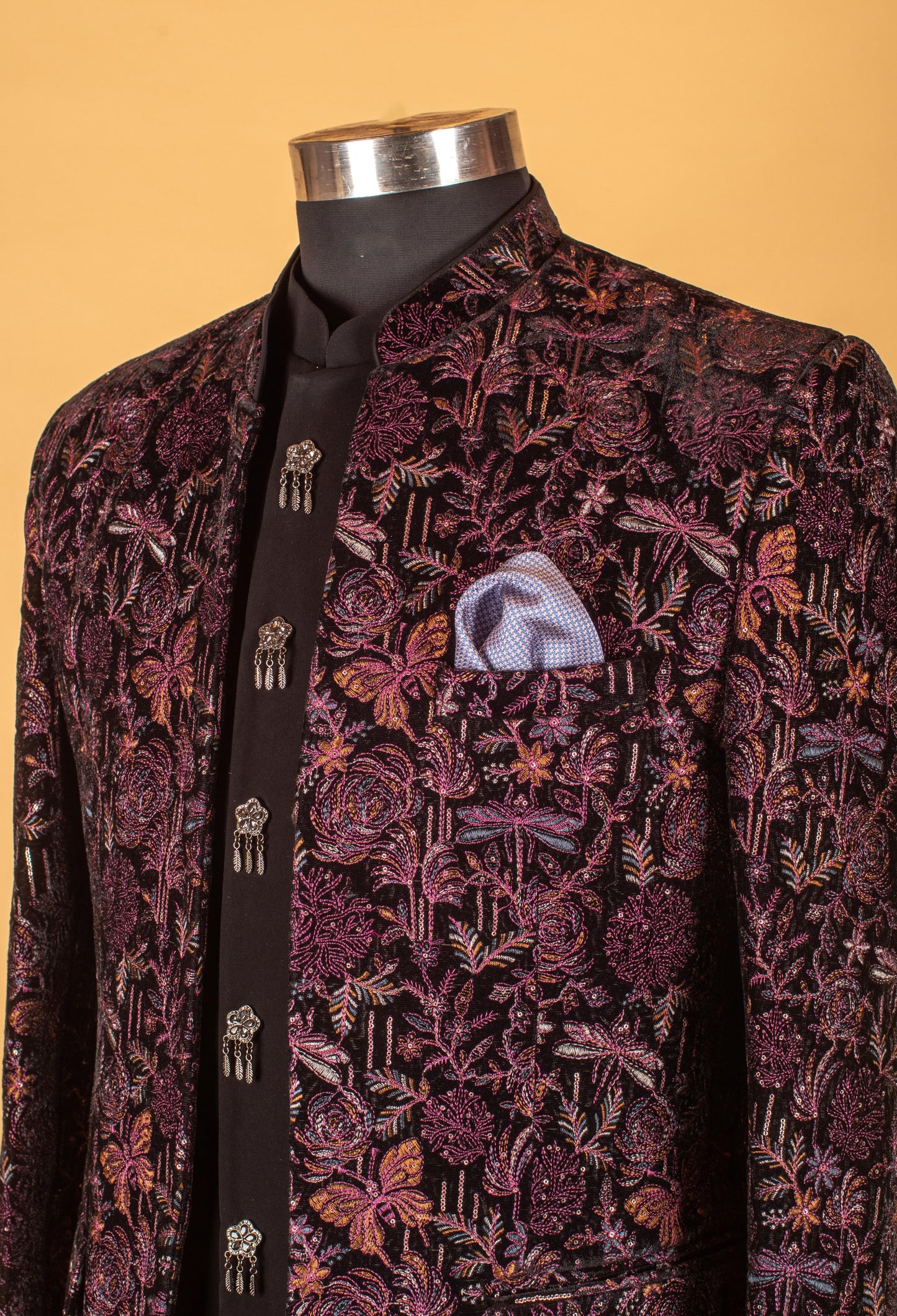 Purple & Black Floral Embroidered Indo-Western Suit for Groom – Royal Wedding Reception Wear