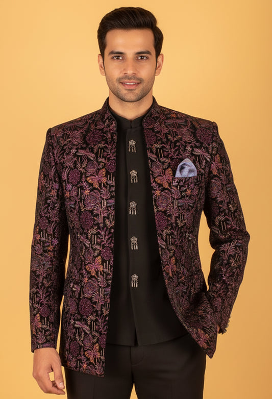 Purple & Black Floral Embroidered Indo-Western Suit for Groom – Royal Wedding Reception Wear