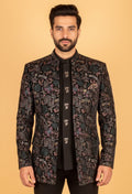 Black Multicolor Velvet Embroidered Indo-Western Suit for Groom – Designer Reception Wear