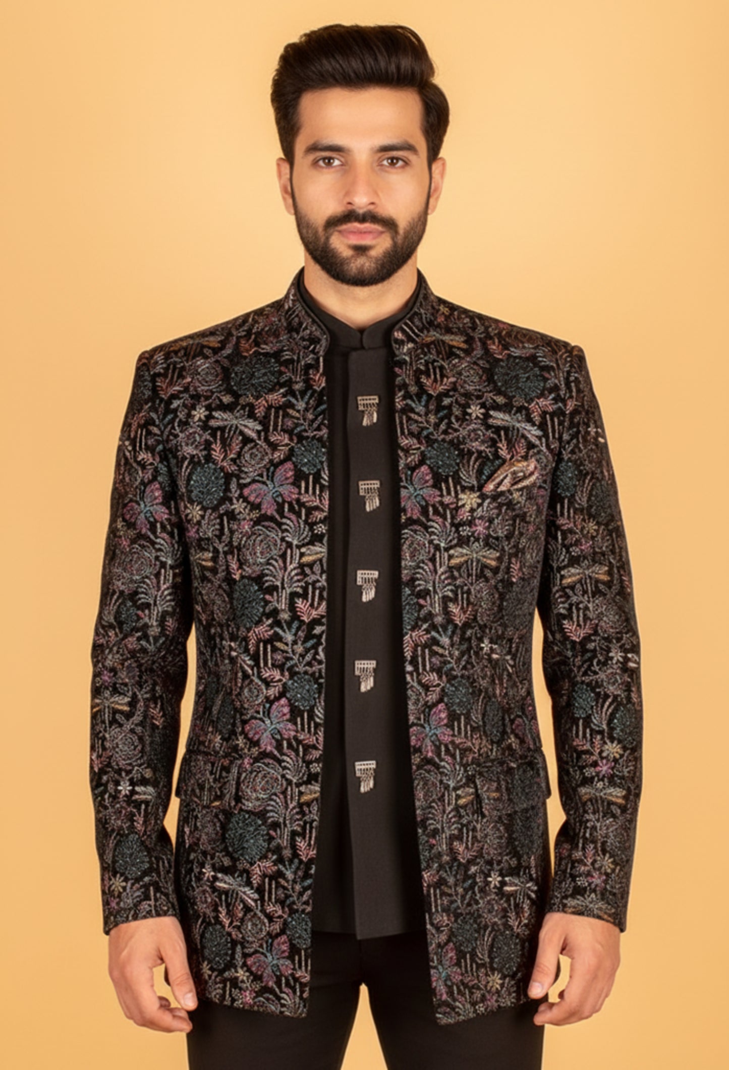 Black Multicolor Velvet Embroidered Indo-Western Suit for Groom – Designer Reception Wear