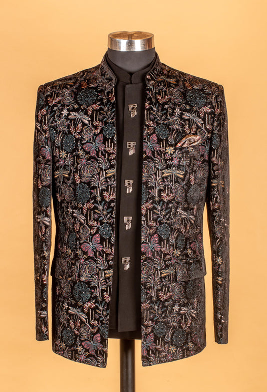 Black multicolor velvet embroidered Indo-Western suit for groom – product image 2