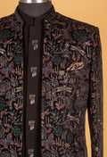 Black Multicolor Velvet Embroidered Indo-Western Suit for Groom – Designer Reception Wear