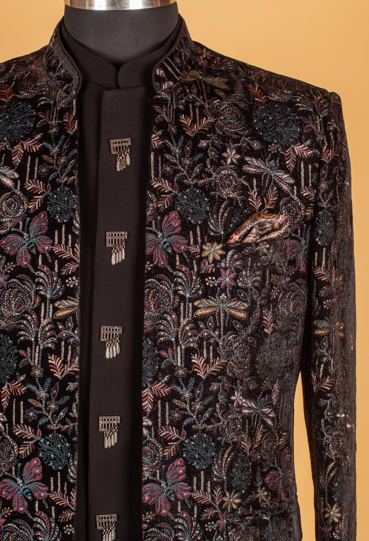 Black Multicolor Velvet Embroidered Indo-Western Suit for Groom – Designer Reception Wear