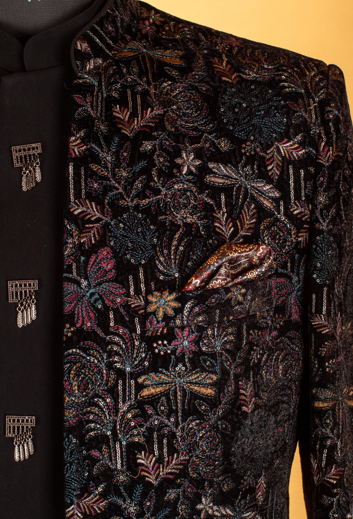 Black Multicolor Velvet Embroidered Indo-Western Suit for Groom – Designer Reception Wear